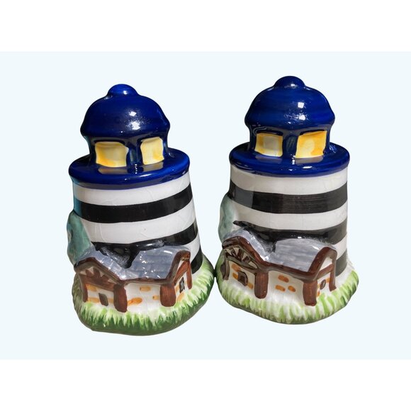 Hand-Painted Ceramic Lighthouse Salt & Pepper Shakers Coastal Kitchen Decor - Picture 1 of 10
